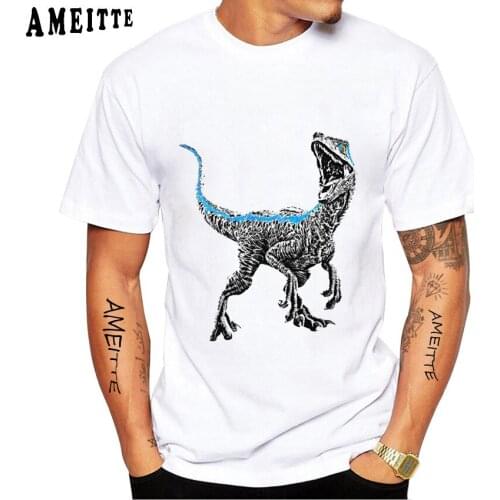 New Summer Fashion Men Short Sleeve Pretty Girl Blue Dinosaur Print T-Shirt Hip Hop Boy Tops Funny Animal Design Man White Tees
