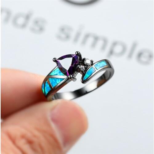 Dainty Female Purple Crystal Stone Ring Vintage Black Gold Color Wedding Rings For Women Charm Opal Geometry Engagement Ring