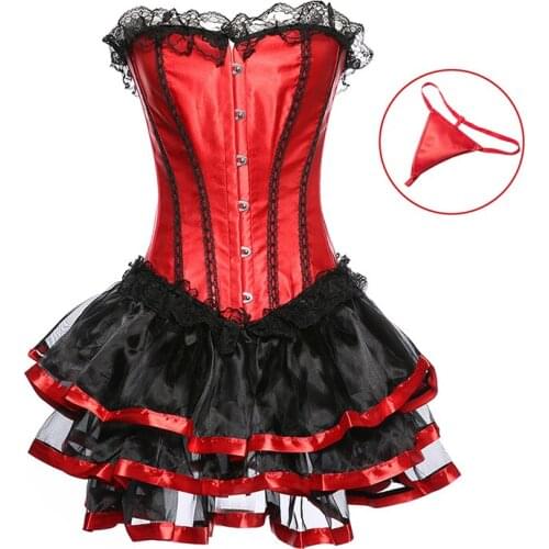 Red sexy stripe overbust corset and mini skirt Christmas Lingerie and dress lace up boned Waist cincher Bustier