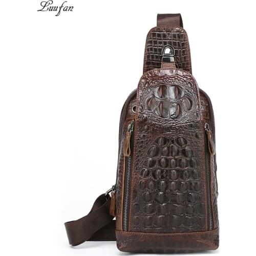 Luufan Genuine Leather Mens Chest Pack Sling Bags Alligator Pattern Messenger Crossbody Bag For Men Mini Travel Chest Bag Riding