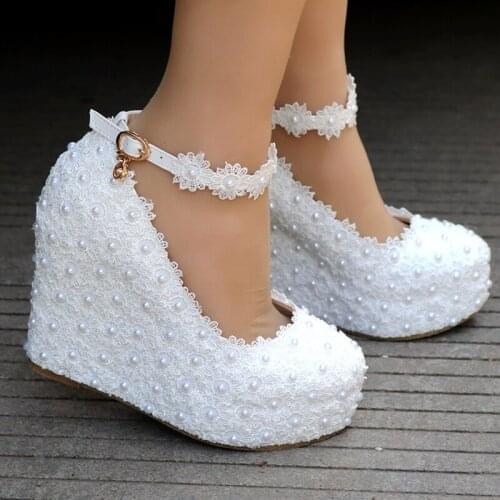 New White Wedges Wedding Pumps Sweet White Flower Lace Pearl Platform Pump Shoes Bride Dress High Heels