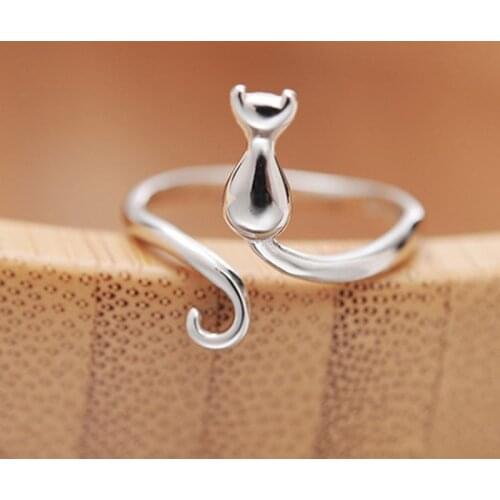 New Fashion Sweet Popular Cute Animal Silver Plated Luxury Jewelry Not Allergic Exquisite Cat Simple Opening Rings for Women