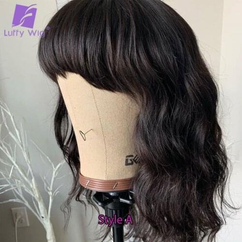 Brazilian Loose Wave Wig With Bangs Short Scalp Base Top Human Hair Wigs Remy Hair Machine Made Wig Natural Color LUFFY