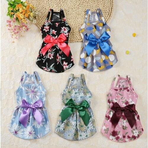 Puppy Dogs Cats Princess Dress Flowers Printing Fashion Bowknot Ribbon Clothes Summer Pet Cat Fair Maiden Skirt Summer Pet Dress