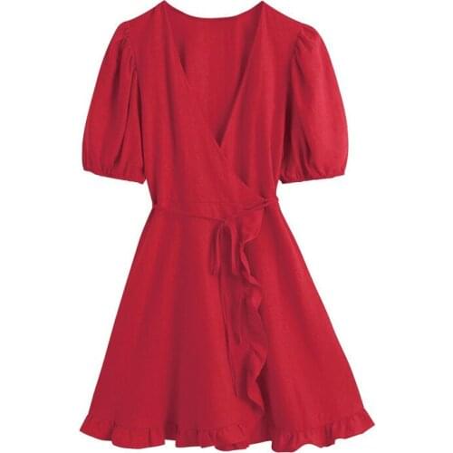 Uclio Women Fashion Cross V Neck Ruffle Dress Femme Chic Sweet Pleated Puff Sleeve Casual Lace Up Mini