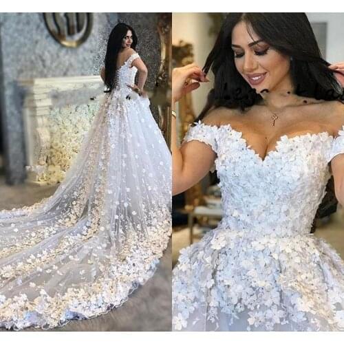 Luxury Saudi Arabic Off the Shoulder Wedding Dresses 3D Floral Vestido De Noiva Casamento gelinlik Dubai Bridal Gowns