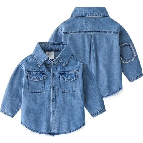 2021 Spring Autumn 2 3-6 8 10 12 Years Children Tops Clothing Turndown Collar Long Sleeve Pocket Baby Kids Denim Shirts For Boys