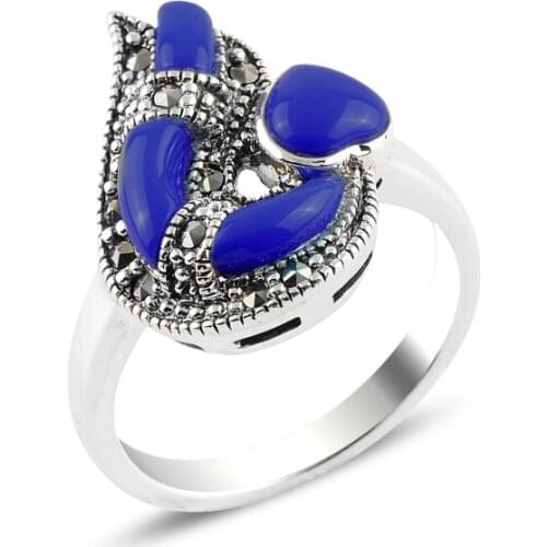 Silver 925 Sterling Lapis Lazuli & Marcasite Ring