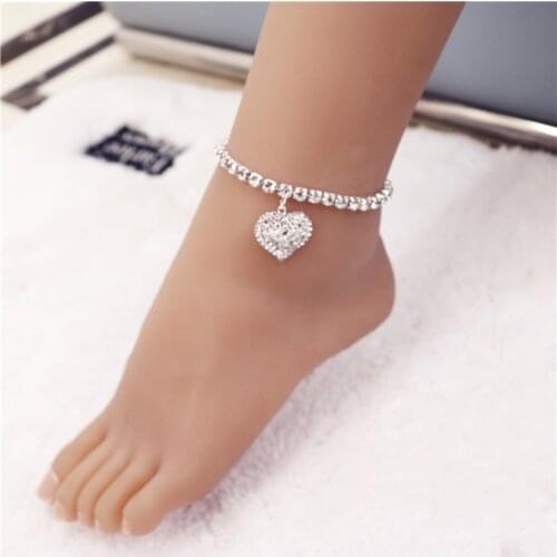 Love Heart stamped silver plated Shiny Chains Anklet For Women Girl Friend Foot Jewelry Leg Bracelet Barefoot Tobillera de Prata