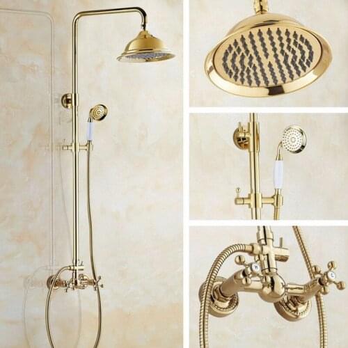 Shower Faucets Gold Brass Bathroom Shower Mixer Tap Faucet Set Rain Shower Head Round Wall Mounted agf333