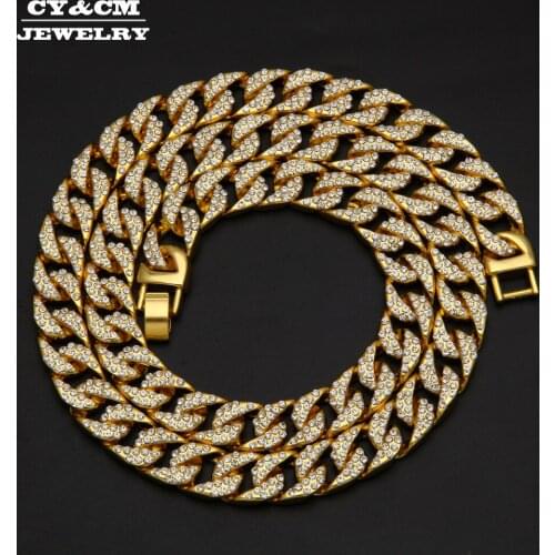 Iced Out Bling 13mm Rhinestone Crystal Gold Silver Color Cuban Link Chain Choker For Women Men Hip hop Necklace Punk Necklaces
