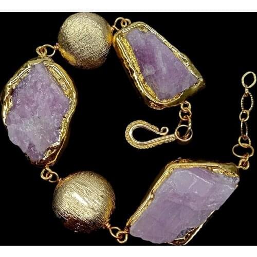 YYGEM Gold Plated Edge Brushed Coin Bead Natural Druzy Pink Kunzite Rough Raw wrap Bracelet 9"