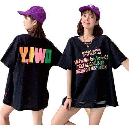 2021 New Cotton Plus Size 6XL Printing Letters Hole Fashion Womens Clothes Summer Shirt Short Sleeve Loose Tops Women T-Shirts