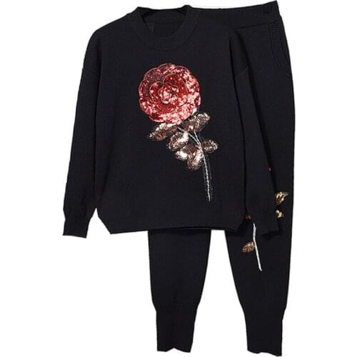 3D Rose Floral Sequin Embroidery Knitting Set Long Sleeves Tracksuits Womens shirt + casual pants casual 2 piece set D084