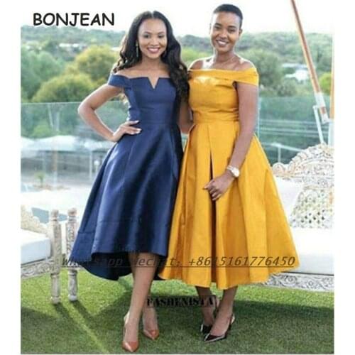 Blue Yellow Evening Dress Long 2021 V Neck Off-The-Shoulder Tea-Length Satin Formal Evening Gown for Women
