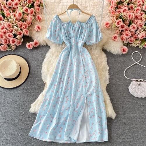 Aibeautyer New Summer A Line Square Collar Short Lady Dress Casual Puff Sleeve Floral Print Chiffon Mid-calf Women Dresses