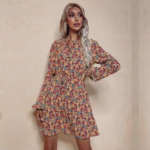 Autumn Long Sleeve Mini Dress Women Turn-Down Collar Princess Sleeves Floral Print Button Lace Up Chiffon Dress Casual Robes