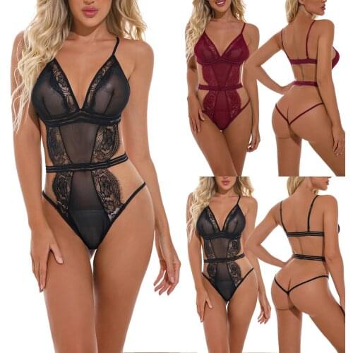 2021 New Women Sexy Lace One-Piece Lingerie Plus Size Mujer Pajamas Babydoll Deep V Teddy Bodysuit Feminina Push Up Pijama Renda