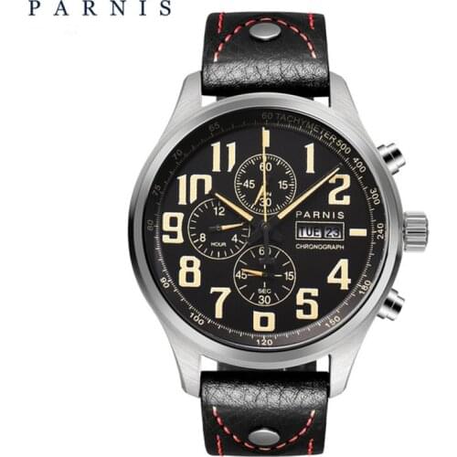Fashion 43mm Parnis Quartz Men Watch Chronograph Datejust Military Pilot Calendar Watches 100m Waterproof Leather Strap PA6053