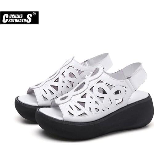 Cuculus Women Genuine Leather Wedges Sandals Summer Casual Platform Sandals Ladies Outdoor Beach Thick Bottom Slipper Shoes