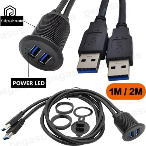 Dual Ports USB 3.0 Panel Flush Mount With LED Light Extension Cable For Car Truck Boat Motorcycle Dashboard 1m/2m