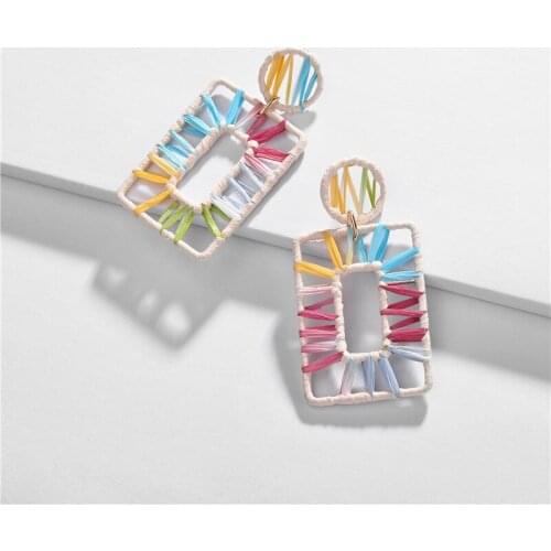 Geometric pendants square dyed colorful straw stud earrings E-013 12pcs/lot
