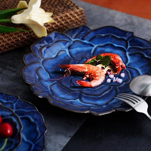 Ceramic Creative Rose Tableware Kiln Blue Glazed European Ceramic Steak Plate Soup Bowl Noodle Bowl