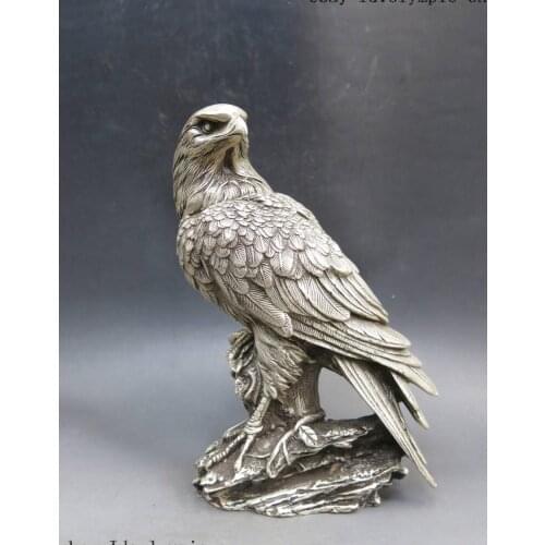 9" China silver carved beautiful sculpture powerful fine good luck eagle Statue