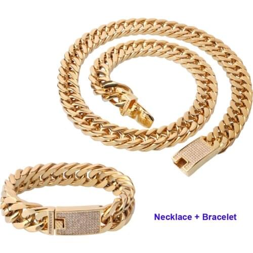 15mm Stainless Steel Miami Curb Cuban Chain Necklace Boys Men Rapper Jewelry Hip hop Bling CZ Clasp jewelry Set bracelet