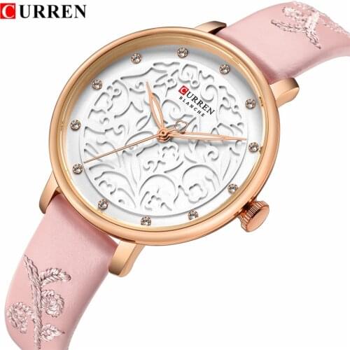 Top Brand CURREN Women Watches Pink Leather Wristwatch with Rhinestone Ladies Clock Fashion Luxury Quartz Watch Relogio Feminino