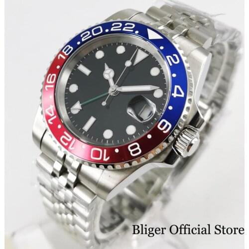BLIGER Fashional Stainless Steel Sapphire Glass 40mm Men Watch GMT Auotmatic Movement Jubilee Strap