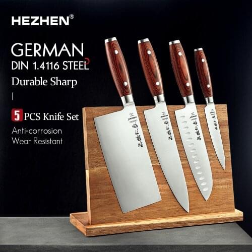 HEZHEN 5PC Kitchen Knife Set Cleaver+Chef+Santoku+Utility+Magnetic Knife Holder Stainless Steel Kitchen Tool