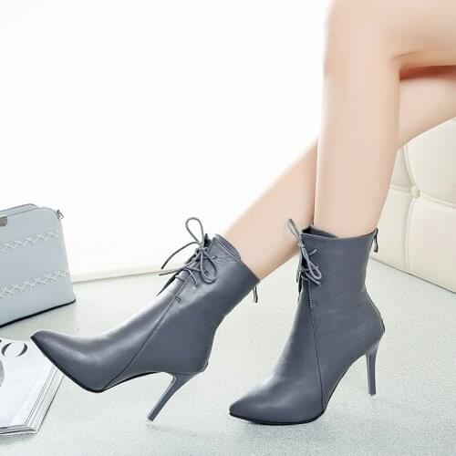NEW women fashion mid calf boots for winter autumn pointed toe high heel cross tied black solid shoes lady lace up thin heels