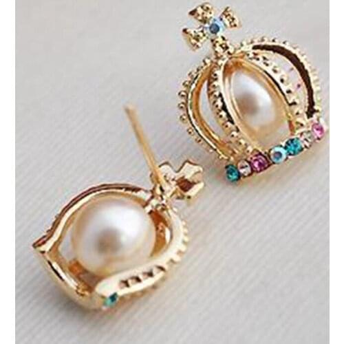 Wholesale Price fashionable Color Rhinestone Cross Crown Pearl Imitation crystal Retro Stud Earrings For Women Gift