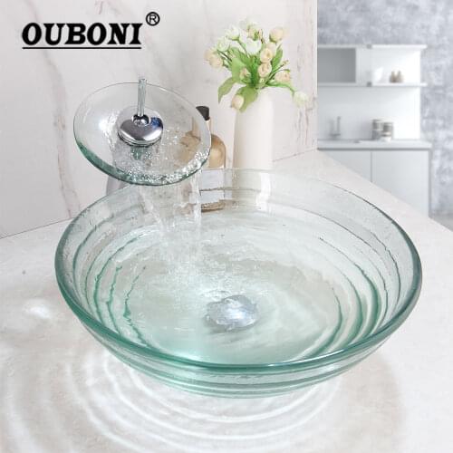 OUBONI Round Tempered Glass Vessel Bathroom Sink Waterfall Chrome Polished Faucet W/Drain Ripple Design Glass Basin Sink