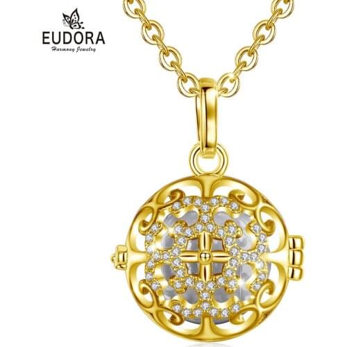 Eudora 16mm Crystal bola pregnancy necklace with sound Harmony bola flower Cage golden locket Pendant for women DIY Jewelry K393