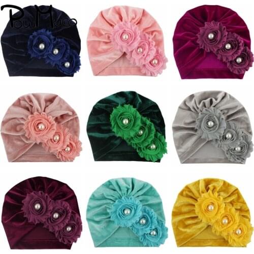 Powmuco 18*17 CM High Quality Golden Velvet Infant Hats Solid Color Handmade Flowers Caps with Beads Baby Headwear Birthday Gift
