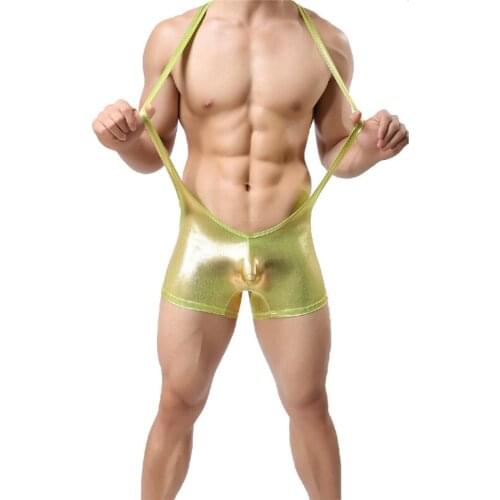 Sexy Mens Bodysuits Shiny PU Leather Leotard Underwear Shorts Sex Costume One-Piece Clubwear Singlet Lingerie Gay Undershirts