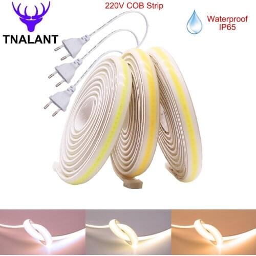 AC220V COB LED Strip 280 Leds/M 12mm Waterproof IP65 CRI 90 High Brightness Flexible COB Led Lights 3000K 4000K 6000K
