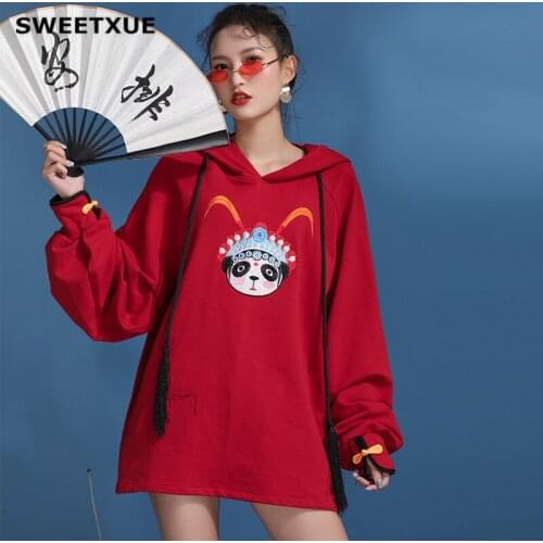 SWEETXUE Chinese style opera embroidered knitted cotton casual loose Hooded Hoodies Female Fashion Sweatshirt