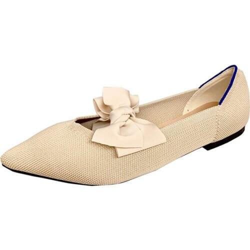 2021 Womens Autumn Shoes Fashion Knitted Pointed Flat Bottom Comfortable Butterfly Knot Elegant Fashion Women Footwear New
