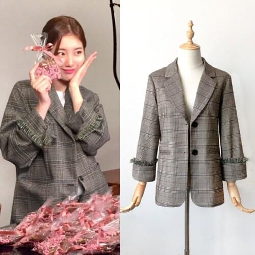 Women Blazers Autumn Spring S-2xl Cotton Female Suit Jackets Clothing Plaid Notched Ruched Streetwear Ladies Clothes Y163