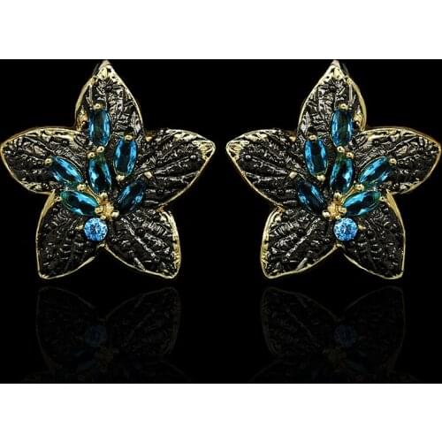925 Silver Womens Black Gold Earrings Five-pointed Star Shape Blue Zircon Earrings Flower Earrings Fashion Party Jewelry