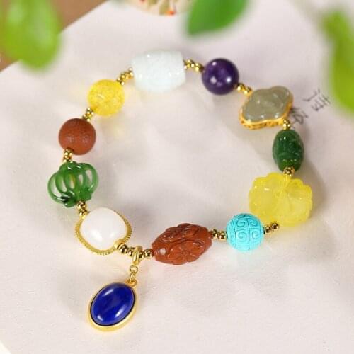 Multi Gemstones Bracelet For Women 925 Silver Gold-plated Jade Jasper Jadeite Amber Agate Bracelets Vintage Fine Jewelry Women