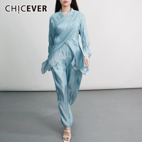 CHICEVER Casual Two Piece Set For Women V Neck Lantern Long Sleeve Ruched Shirts High Waist Loose Trousers Solid Sets Female New