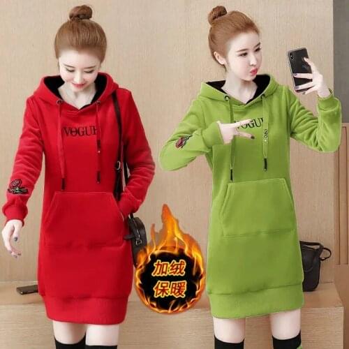 Women Mid-Length Velvet Hoodies 2021 Autumn Winter Thicken Casual Straight Pullover Sweatshirt Fashion Warm Velour Outwear Tops