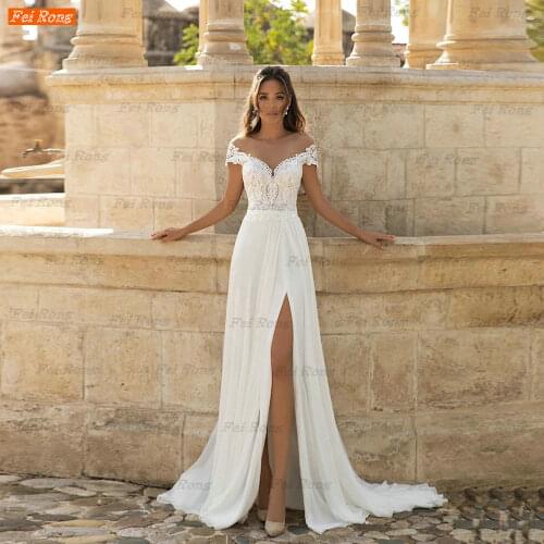 2021 New Designs Top Quality V-Neck Off-The Shoulder Boho Beach Wedding Dress Front High Split Chiffon A-Line Bridal Gown Robe