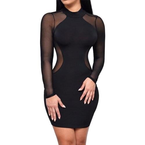 Women Slim Waist Sexy Mesh Dress Hollow Out Back Long Sleeve See Through New Womens Bandage Bodycon Party Mini Dress