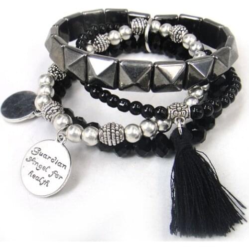 Free drop shipping Fashion semi precious stone crystal glass beads with Yinyang,tassel charm pyramid ladies elasticity bracelet