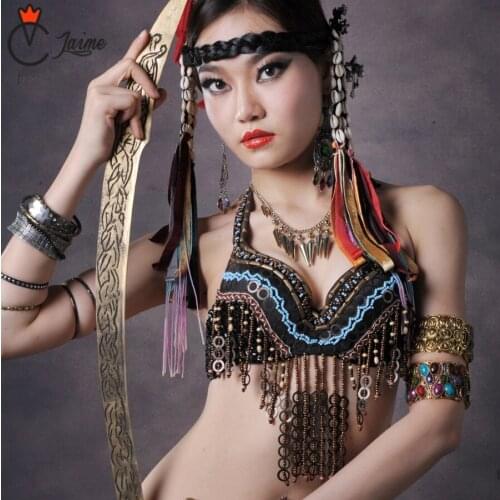 ATS Belly Dance Bra Tribal Fusion Wear Coin Halter Top Adjustable Straps Beaded Tassel Push Up B cup Tribal bra for dancing